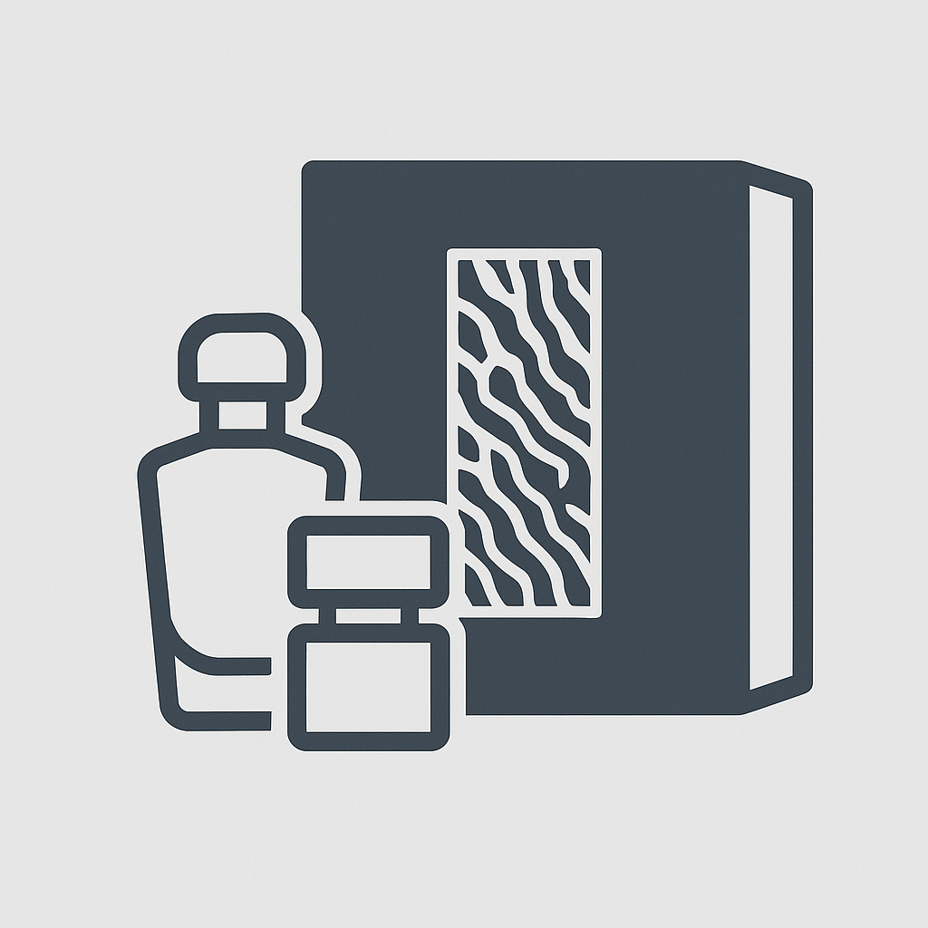 Full perfume packaging set icon including cap, bottle, and box