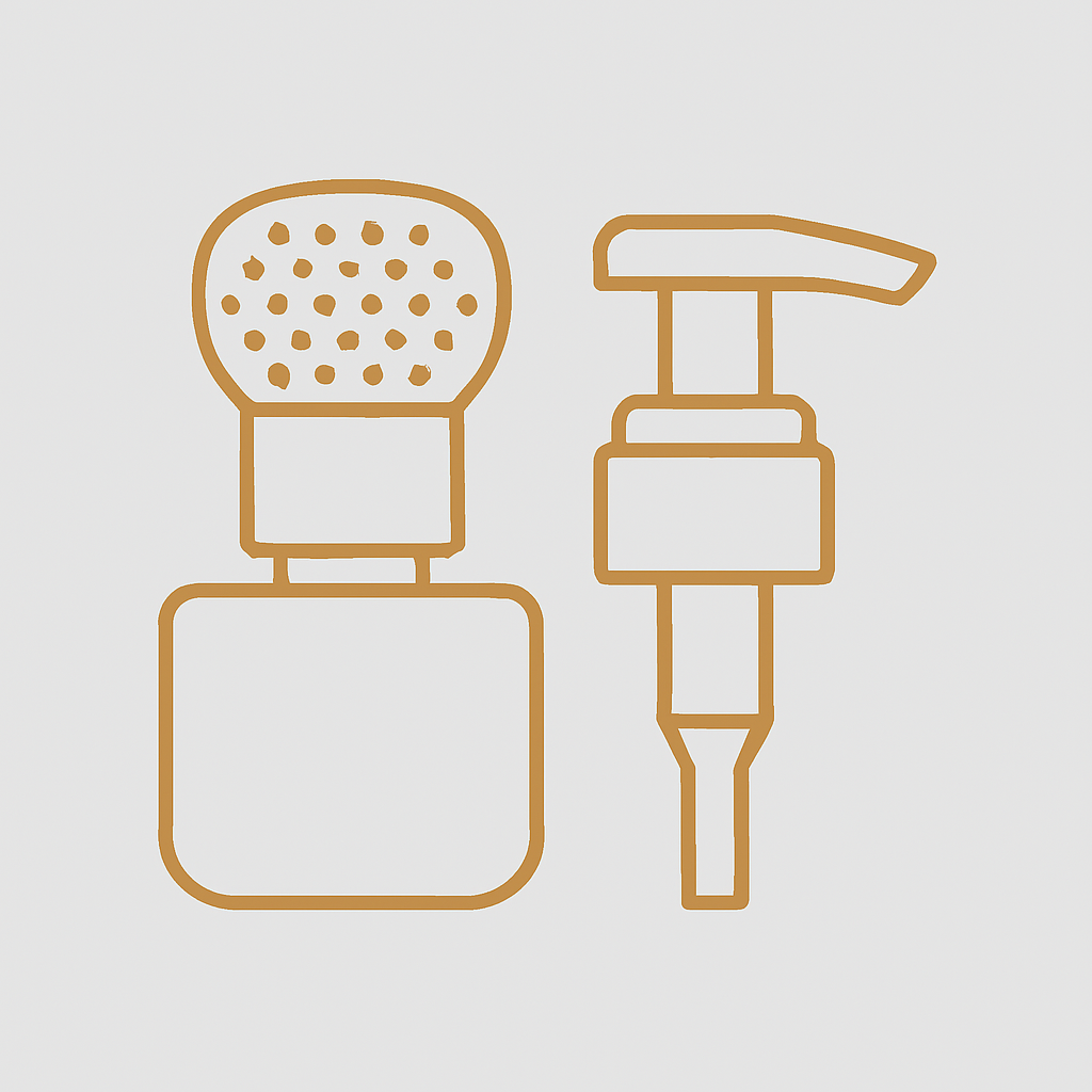 Icon of plastic perfume fitments and caps used in fragrance packaging